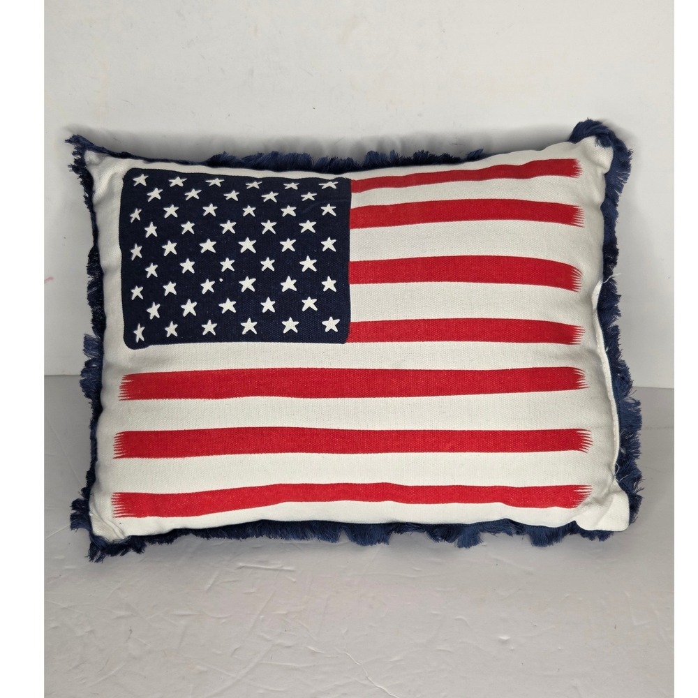 American Flag Patriotic Throw Pillow Navy Fringed Border Americana Decor 11x15
